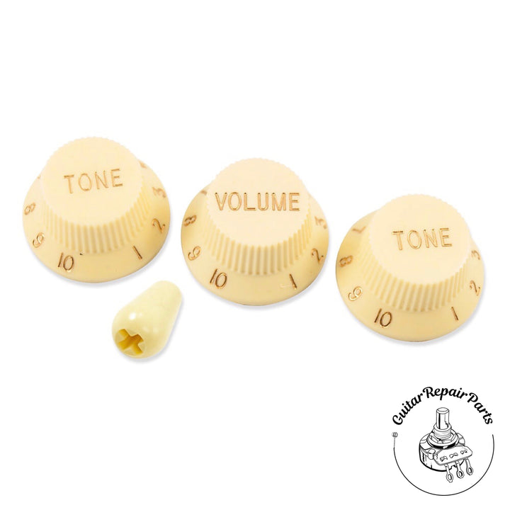 Plastic Strat / UFO Style Knob and Switch Tip Set - Cream & Gold