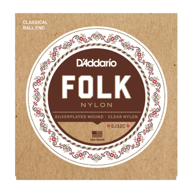 D'Addario EJ32C Folk Nylon Classical Guitar Strings, Normal Tension w. Ball End