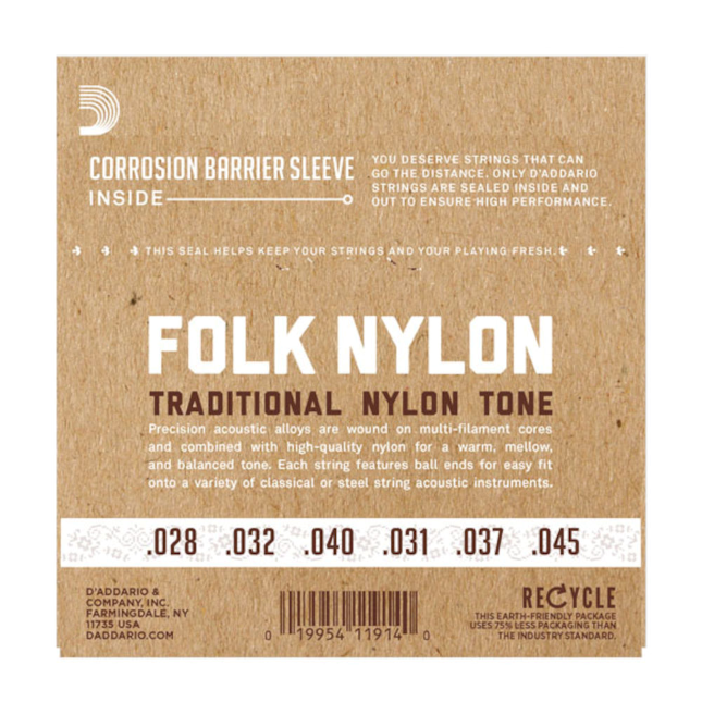 D'Addario EJ32C Folk Nylon Classical Guitar Strings, Normal Tension w. Ball End