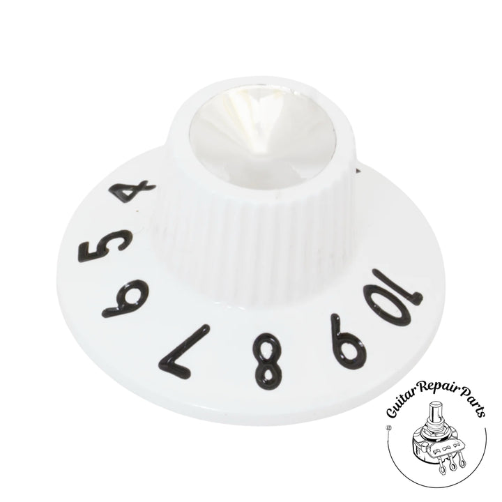Plastic "Witch Hat" Knob, Skirted, set screw, Thin Numbers - White