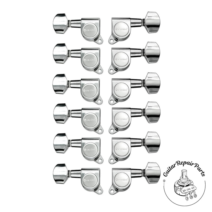 Ovation 12-String Guitar Tuning Machine Keys 6x6 Small Button w. Logo - Chrome