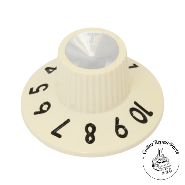 Plastic "Witch Hat" Knob, Skirted, set screw, Thin Numbers - Cream/Silver
