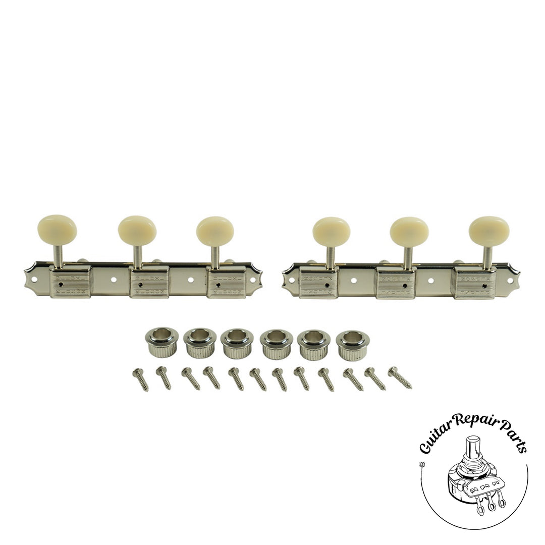 Kluson KD-3P-NPDR Double Line Deluxe Tuning Machines, 3 On A Plate - Nickel / Butter bean