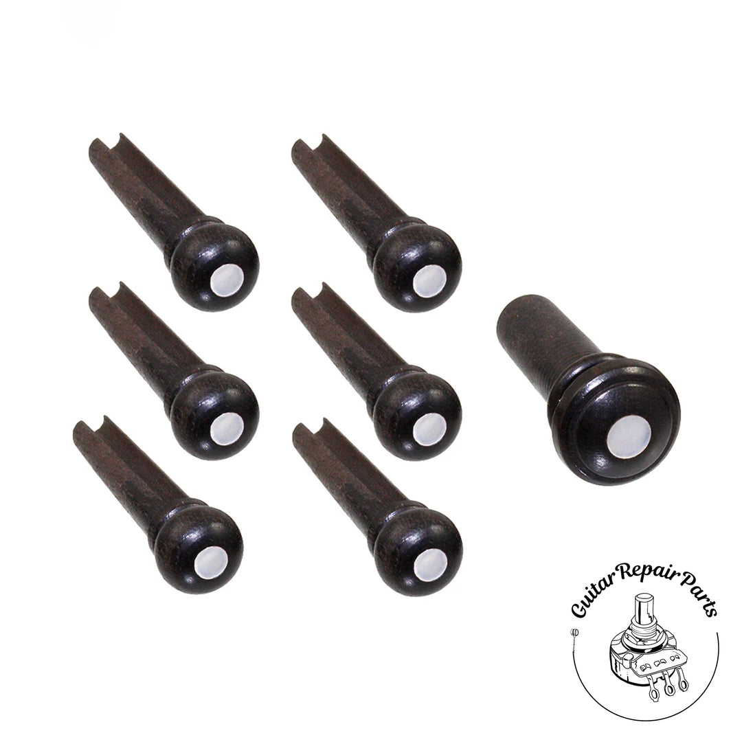 Acoustic Guitar Slotted Bridge Pins (6 pcs.) w. Endpin - Ebony w. Pearl Dot
