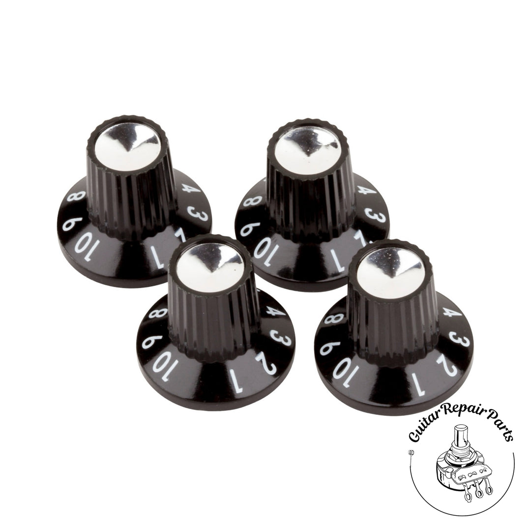 Fender Mini Witch Hat Skirted D-Shaft Amplifier Knobs (4 pc) - Black/Silver