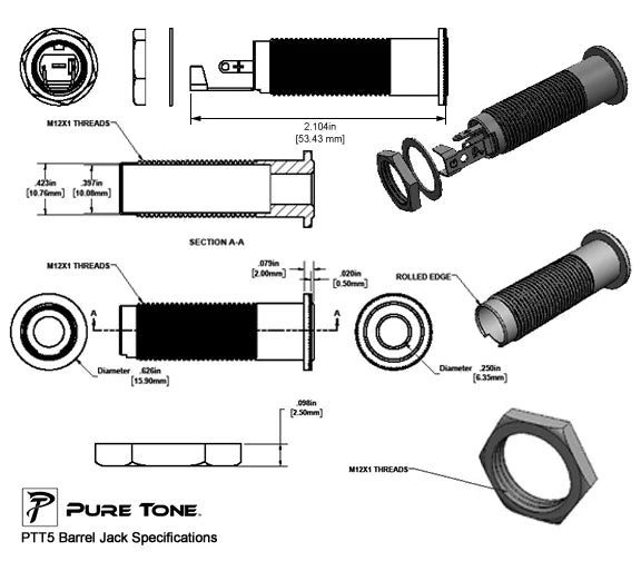 Pure Tone Multi-Contact Long Thread 1/4" Stereo Panel Mount Barrel Jack Nickel