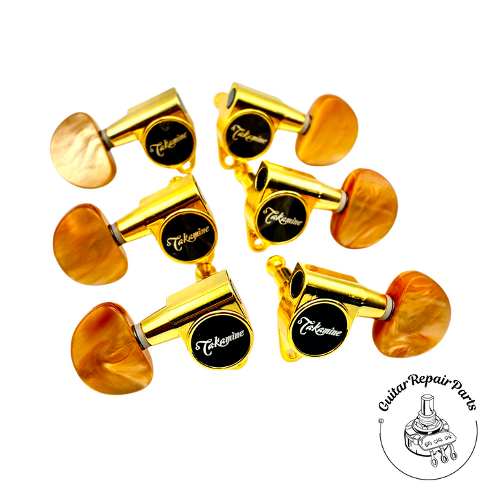 Takamine TPK0541 Guitar Tuning Keys, Gotoh SG311 (6 pcs) - Gold w. Orange Button