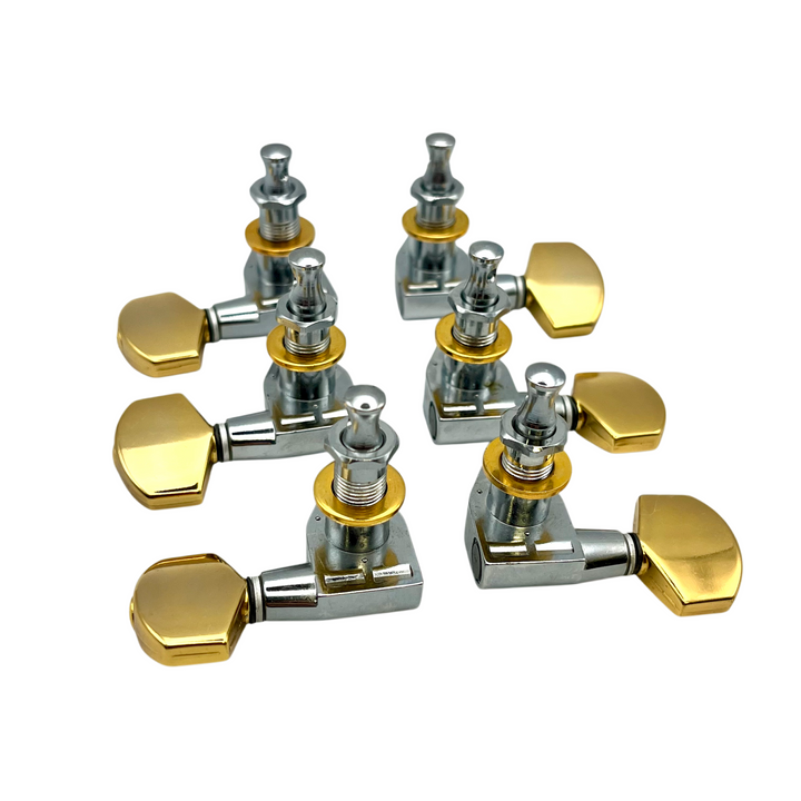 Alvarez Guitar Tuning Machine Keys 3x3 Chrome w. Large Gold Button N.O.S.
