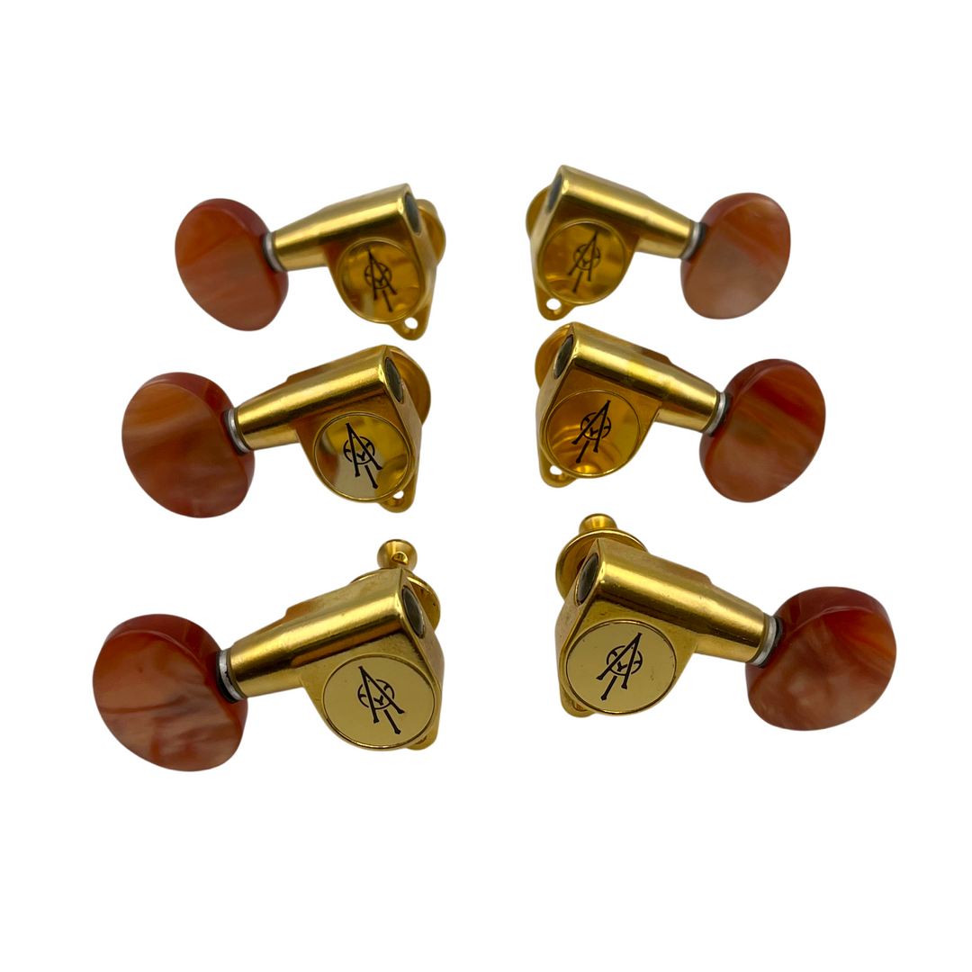 Alvarez Guitar Tuning Machine Keys, 3x3 Gold w. Orange Plastic Button (B-Stock)
