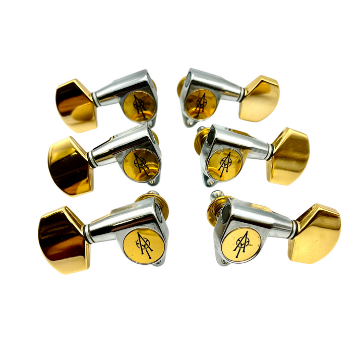Alvarez Guitar Tuning Machine Keys 3x3 Chrome w. Large Gold Button N.O.S.