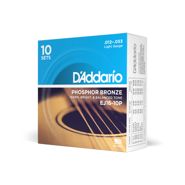 D'Addario EJ16-10P Phosphor Bronze Acoustic Guitar Strings, Light Gauge 12-53, 10-Pack