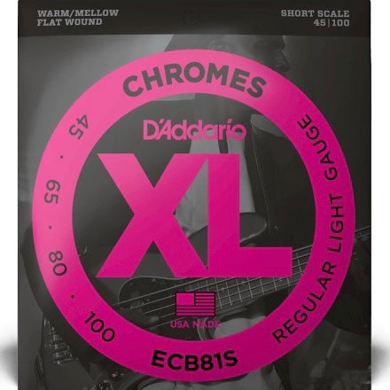 D'Addario ECB81S XL Chromes Flat-Wound Bass Strings, Regular Light 45-100, Short Scale