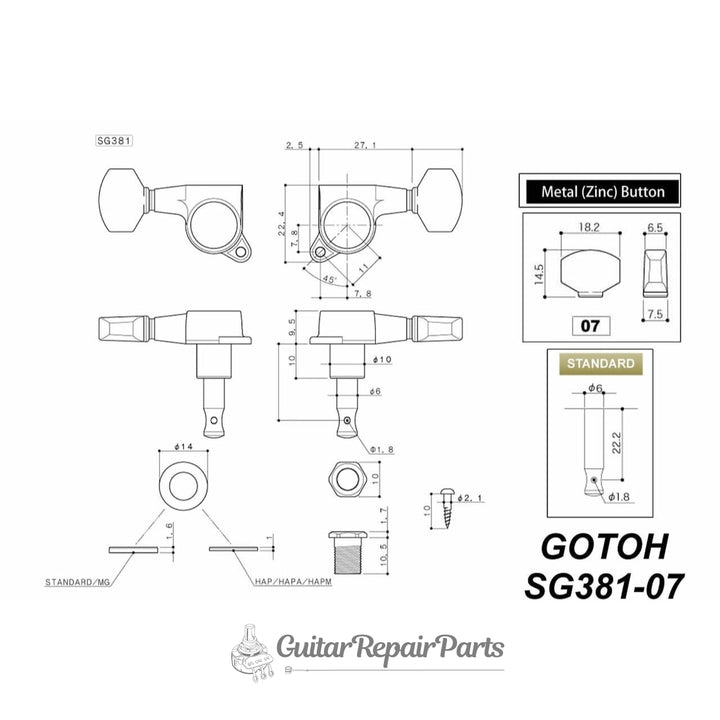 Gotoh SG381-07 Guitar Tuning Machine Keys, 6-in-line- Chrome