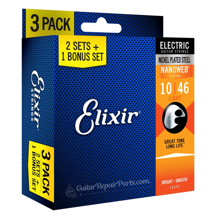 Elixir 16542 [3 Pack 12052] Nanoweb Nickel Plated Electric Guitar Strings, Light 10-46