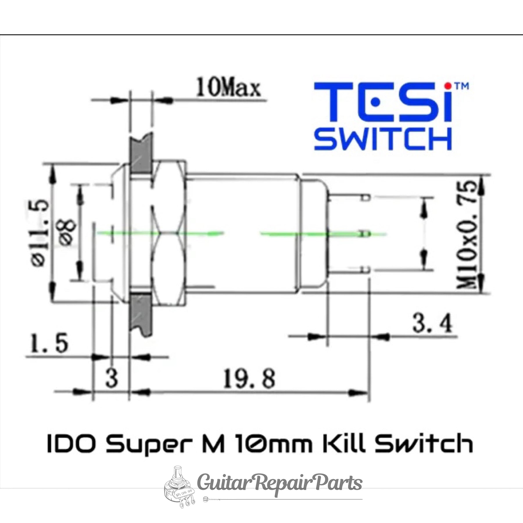 Tesi IDO Super M 10MM Metal Momentary Push Button Guitar Kill Switch - Black