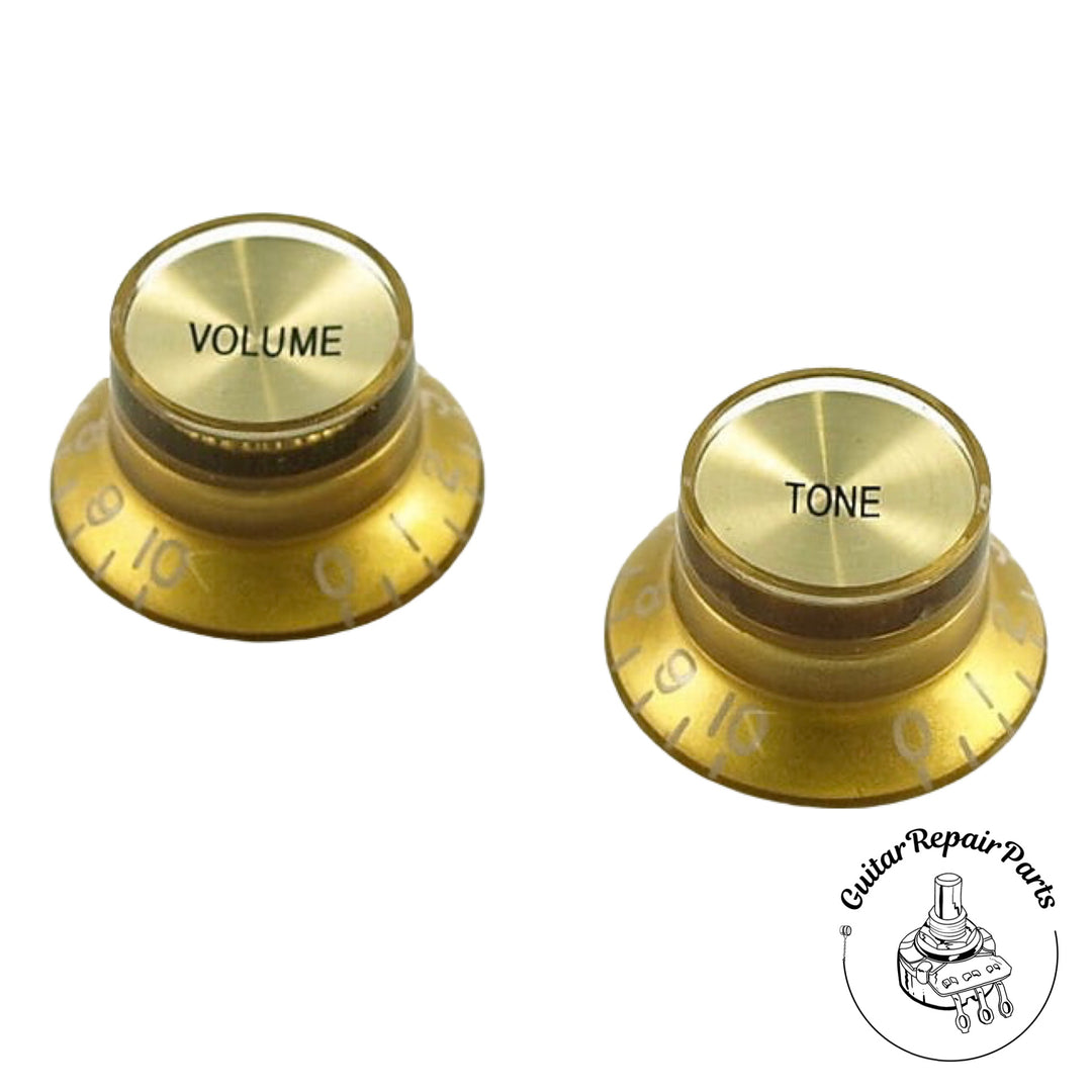 Plastic Top Hat Reflector Bell Knobs (1 vol / 1 tone) - Gold w. Gold Top