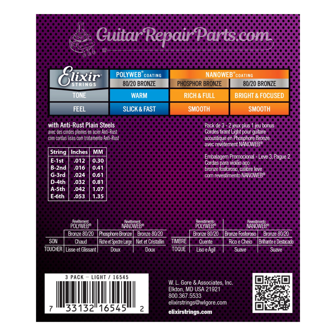 Elixir 16545 [3 Pack 11052] Nanoweb Phosphor Bronze Acoustic Guitar Strings, Light 12-53