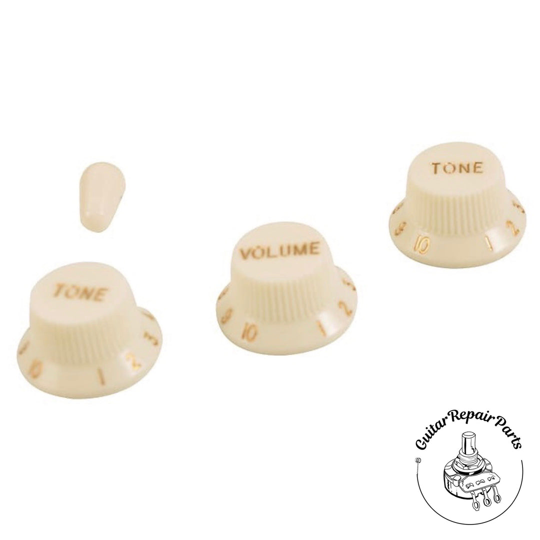 Plastic Strat / UFO Style Knob and Switch Tip Set - Parchment & Gold