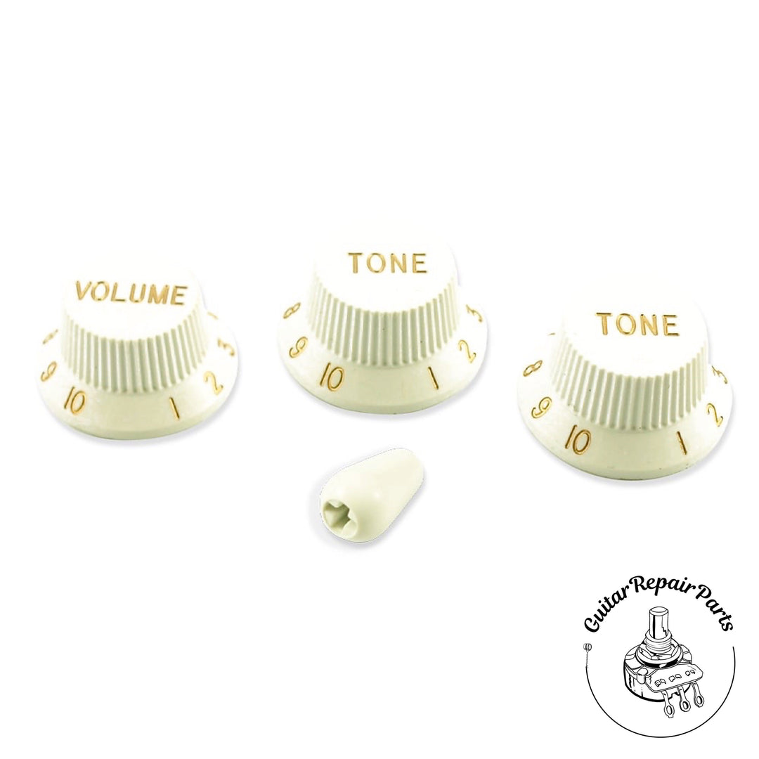 Plastic Strat / UFO Style Knob and Switch Tip Set - White & Gold