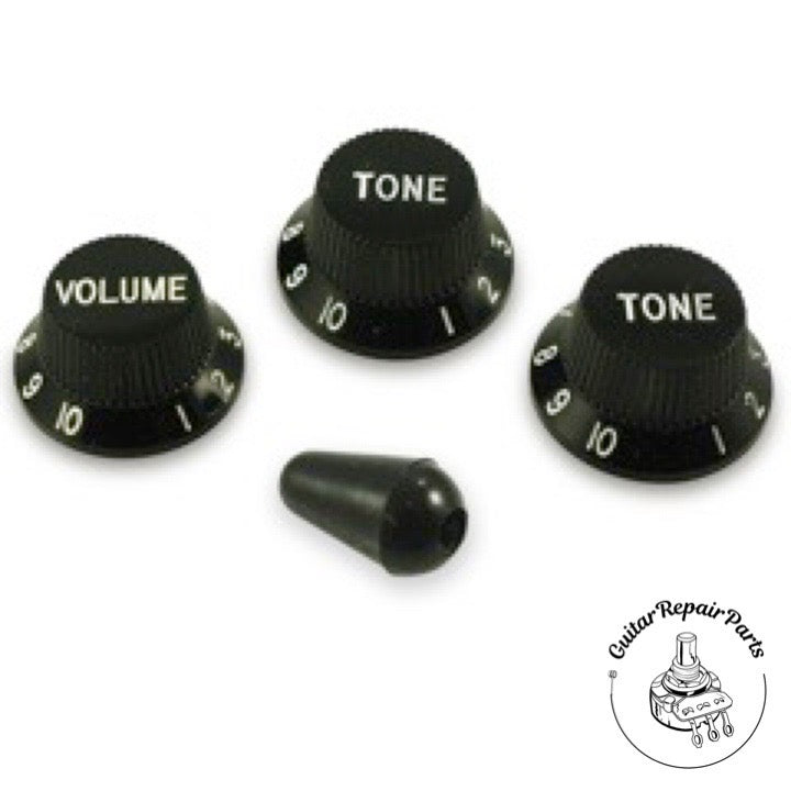 Plastic Strat Knobs and Switch Tip, Fits Course-Splined Split-Shafts - Black & White