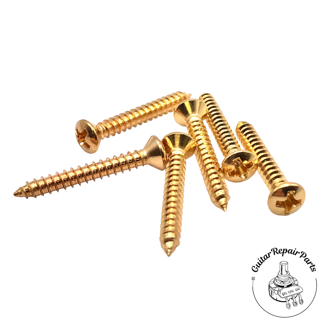 Strap Button / Fixed Bridge Mount Screws #5 x 1" Phillips Oval Head (6 pcs) - Gold