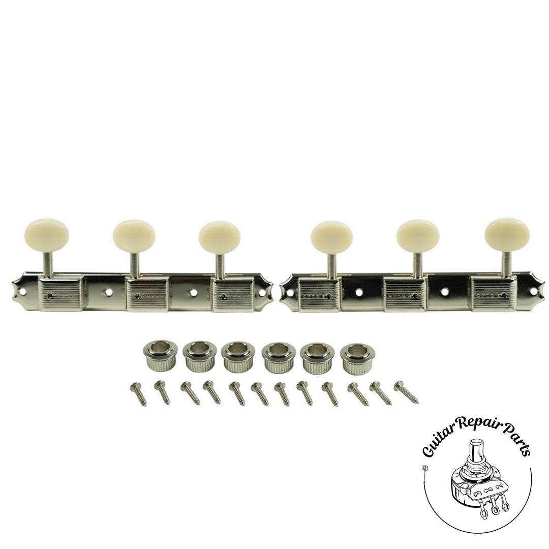 Kluson KD-3P-NP Single Line Deluxe Tuning Machines, 3 On A Plate - Nickel / Butter bean