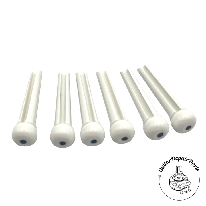 Plastic Acoustic Guitar Bridge Pins (6 pcs) - White w. Black Dot