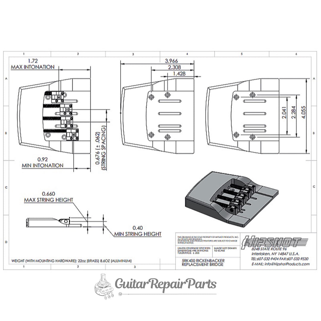 Hipshot 5RK400BC Brass Bridge For 4 String Rickenbacker Basses - Chrome