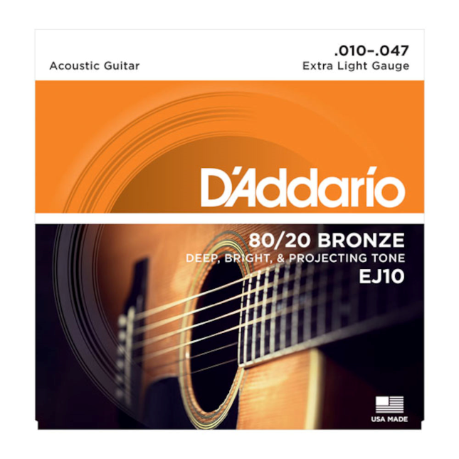 D'Addario EJ10 80/20 Bronze Acoustic Guitar Strings, Extra Light 10-47