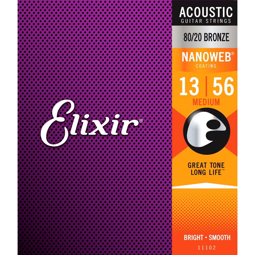 Elixir 11102 Nanoweb 80/20 Bronze Acoustic Guitar Strings, Medium 13-56