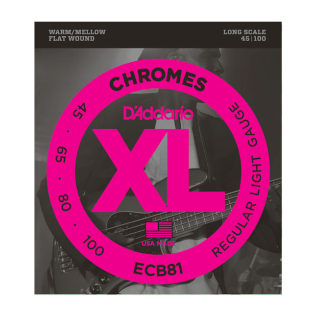 D'Addario ECB81 XL Chromes Flat-Wound Bass Strings, Regular Light 45-100, Long Scale