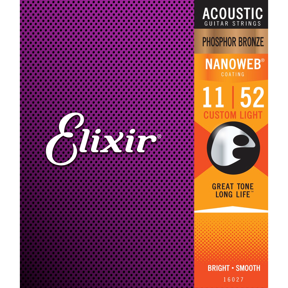 Elixir 16027 Nanoweb Phosphor Bronze Acoustic Guitar Strings, Custom-Light 11-52